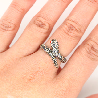 Snake ring with marcasite and garnet in sterling silver