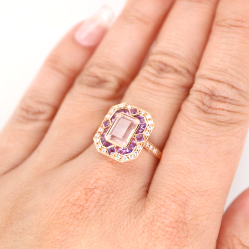 Art deco cocktail ring with rose quartz, amethyst and diamond in rose gold