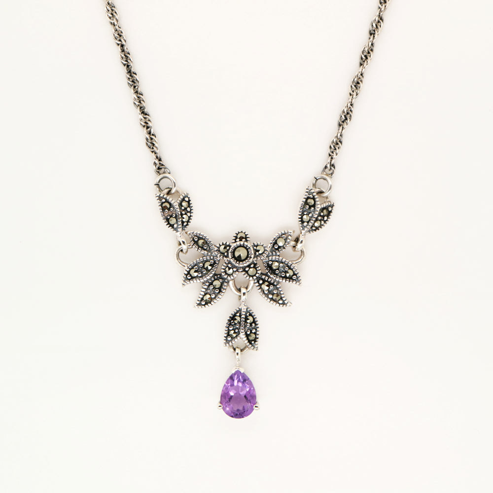 Floral Petal Necklace with Amethyst and Marcasite in Silver