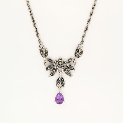 Floral Petal Necklace with Amethyst and Marcasite in Silver