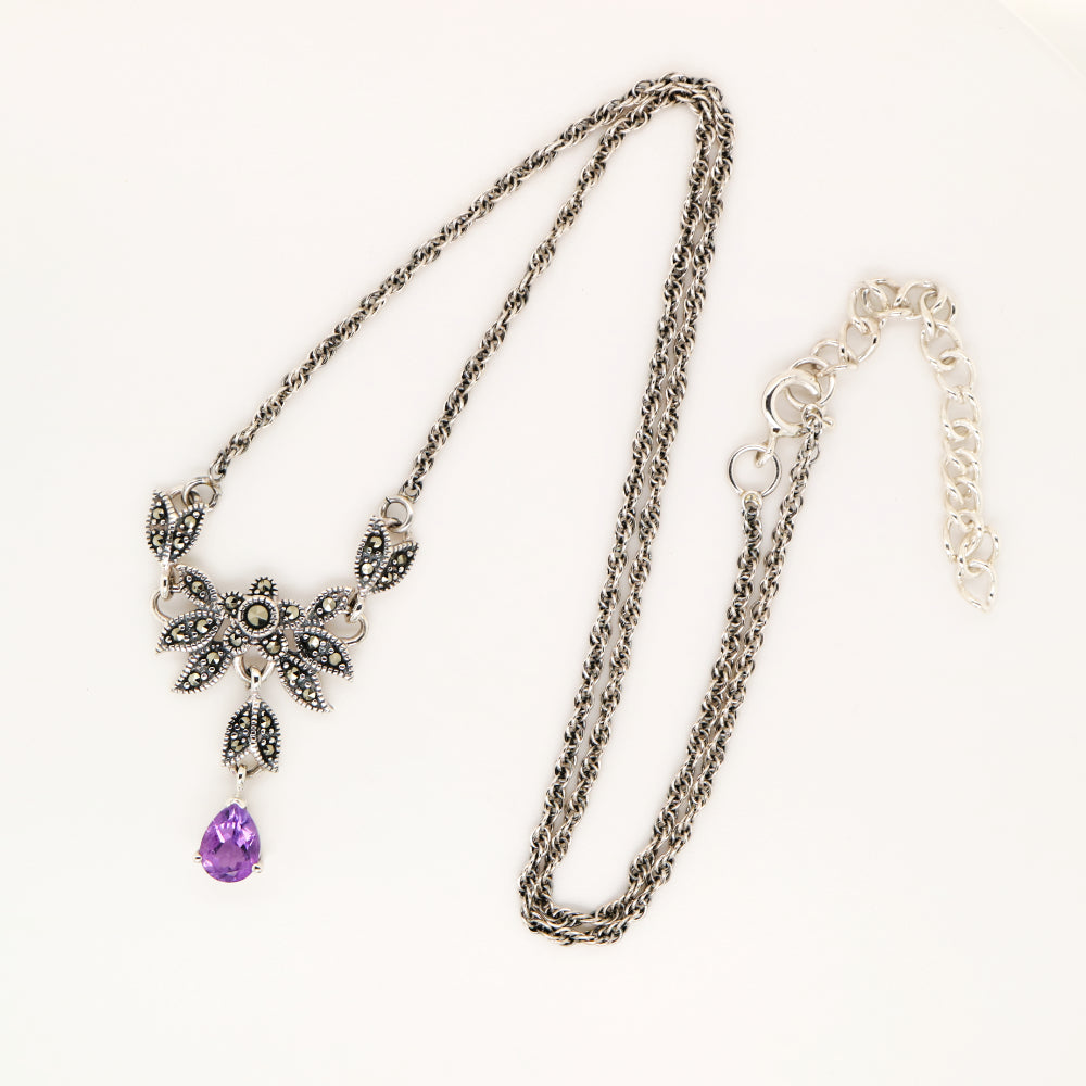 Floral Petal Necklace with Amethyst and Marcasite in Silver