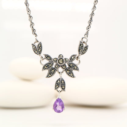 Floral Petal Necklace with Amethyst and Marcasite in Silver