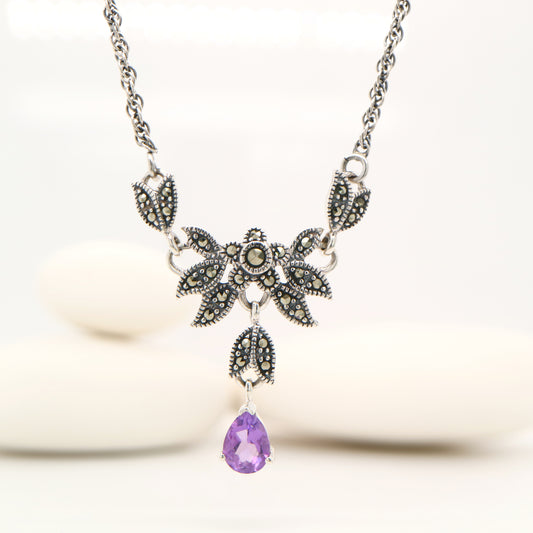 Floral Petal Necklace with Amethyst and Marcasite in Silver