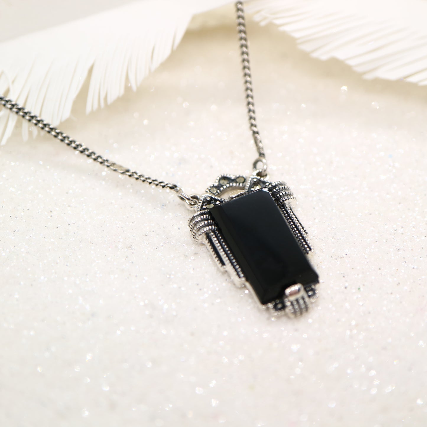 Architectural art deco onyx necklace in sterling silver