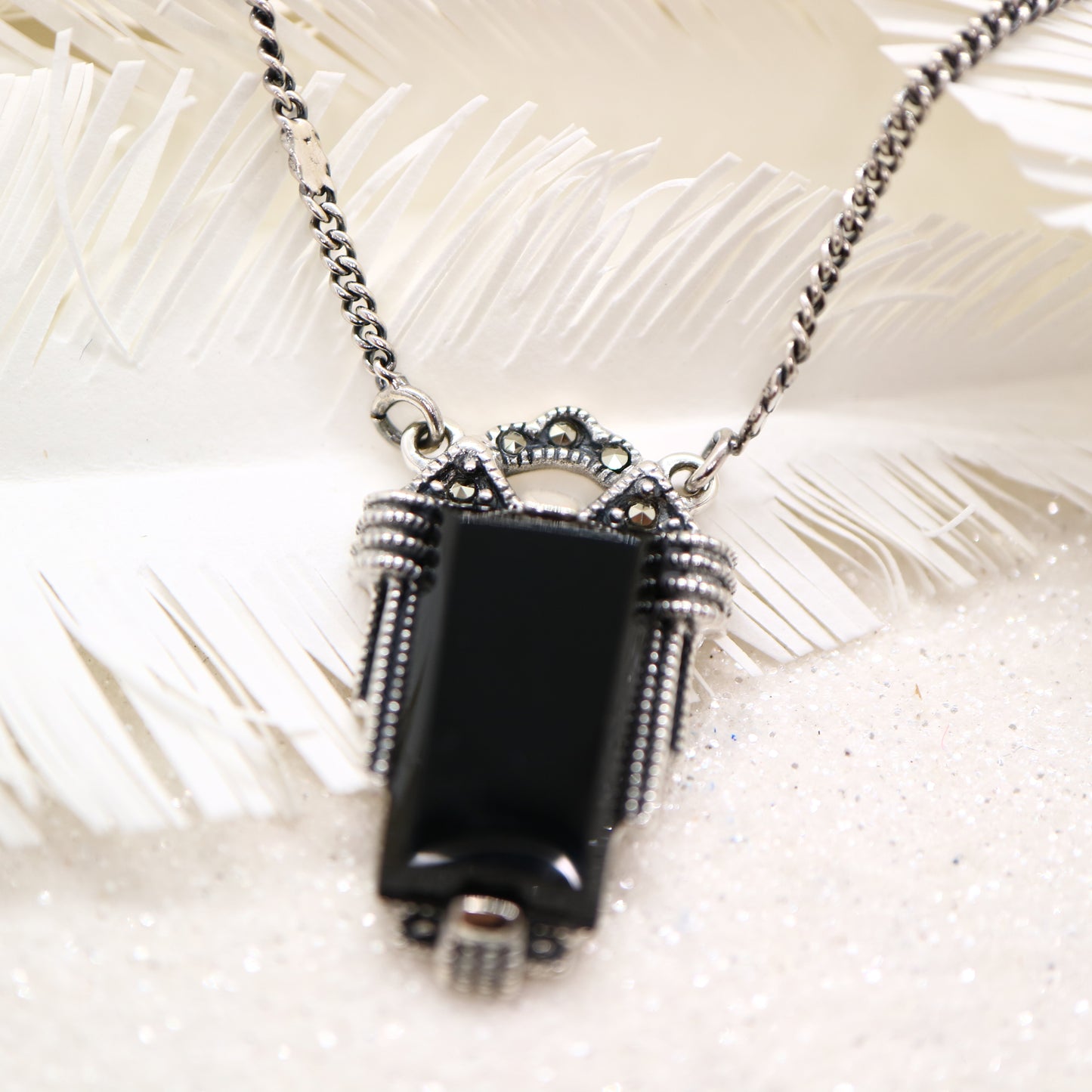 Architectural art deco onyx necklace in sterling silver