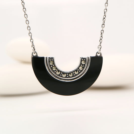 Art Deco Onyx Fan Necklace with Marcasite in Sterling Silver