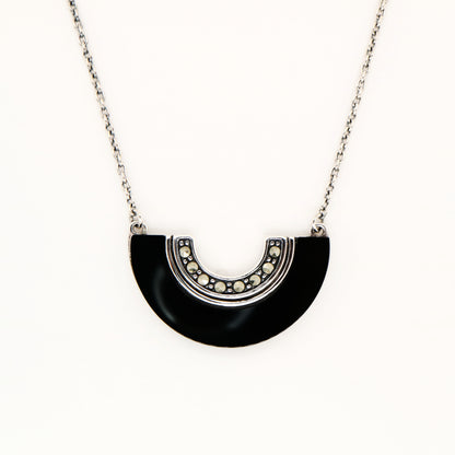 Art Deco Onyx Fan Necklace with Marcasite in Sterling Silver