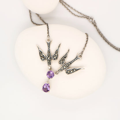 Swallow necklace with Amethyst drop in sterling silver