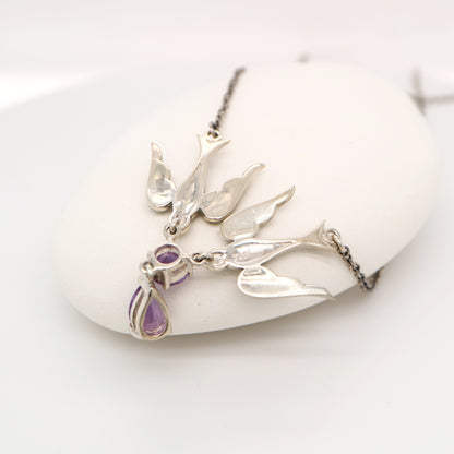 Swallow necklace with Amethyst drop in sterling silver