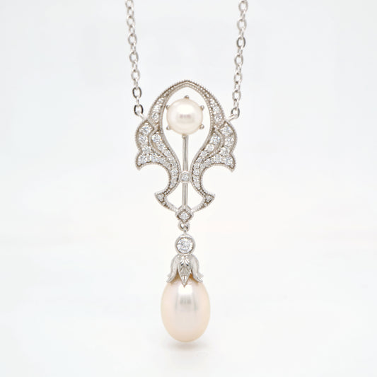 Edwardian pendant with fresh water pearl and CZ in Sterling Silver