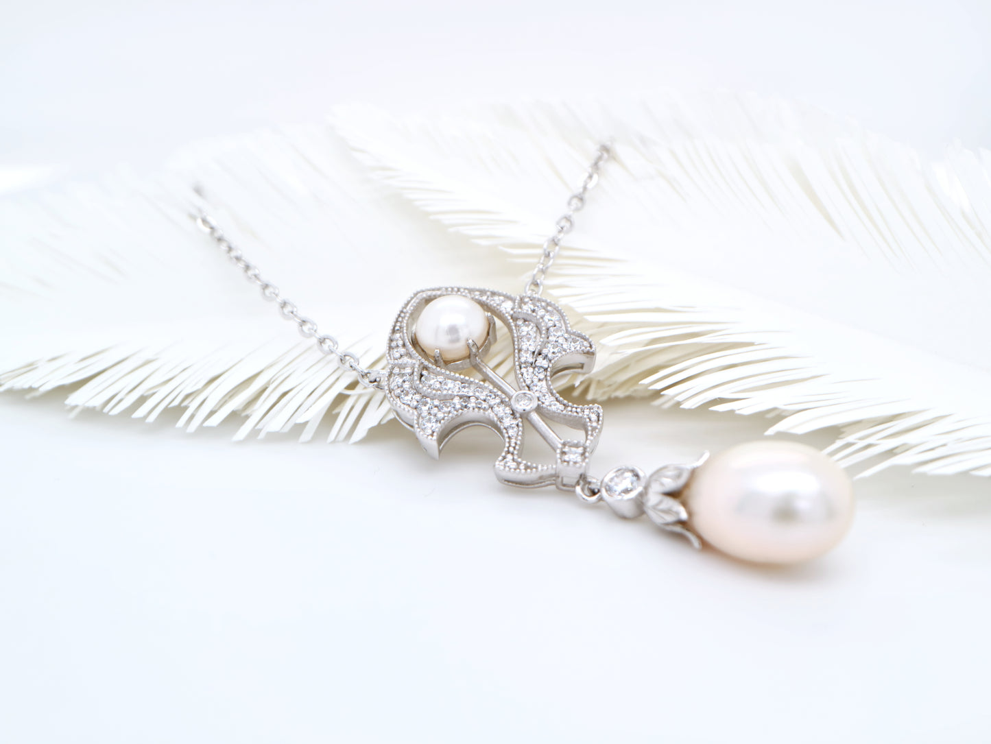 Edwardian pendant with fresh water pearl and CZ in Sterling Silver