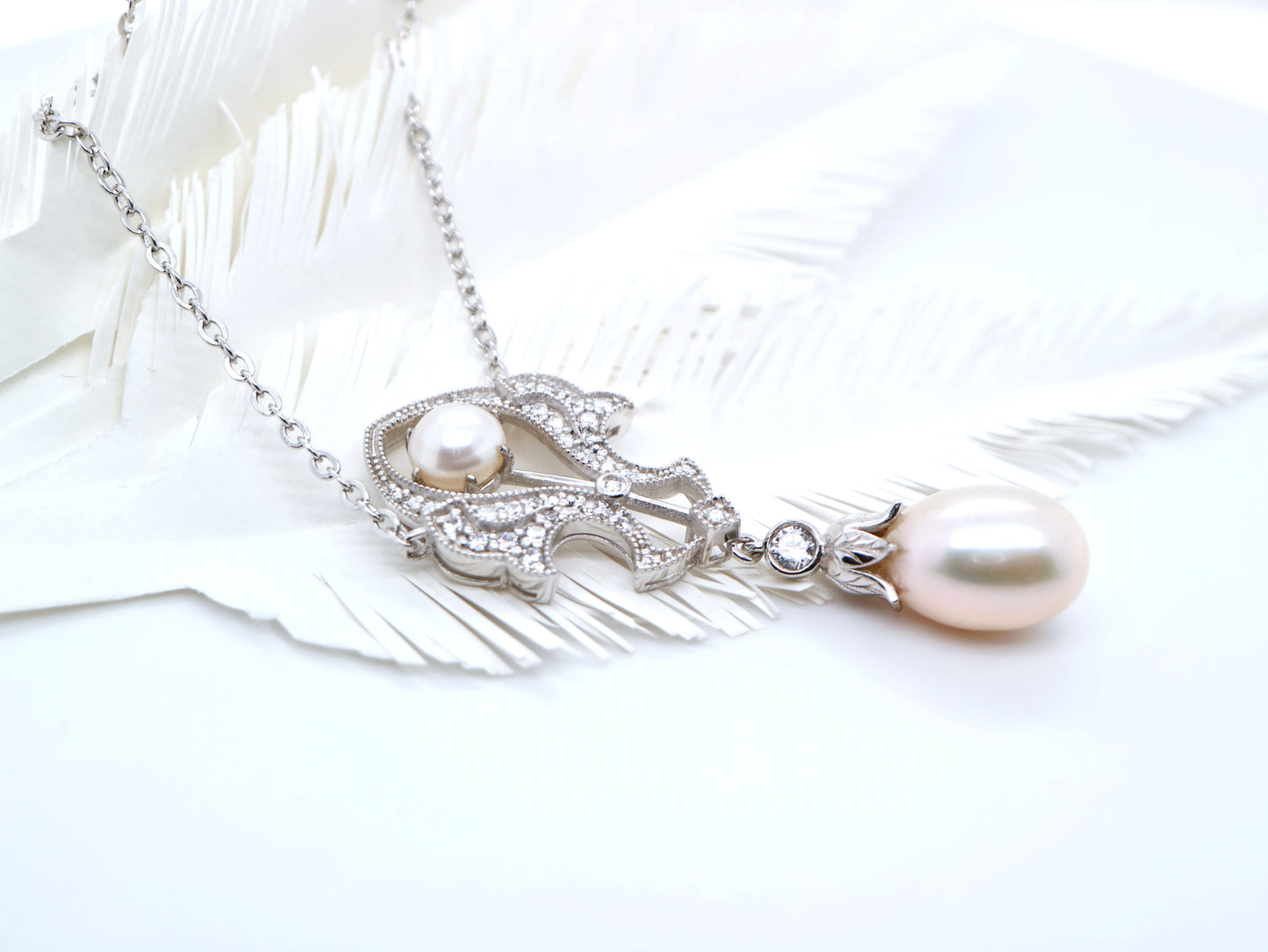 Edwardian pendant with fresh water pearl and CZ in Sterling Silver