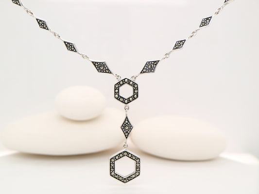 Hexagon Necklace with Marcasite in sterling silver