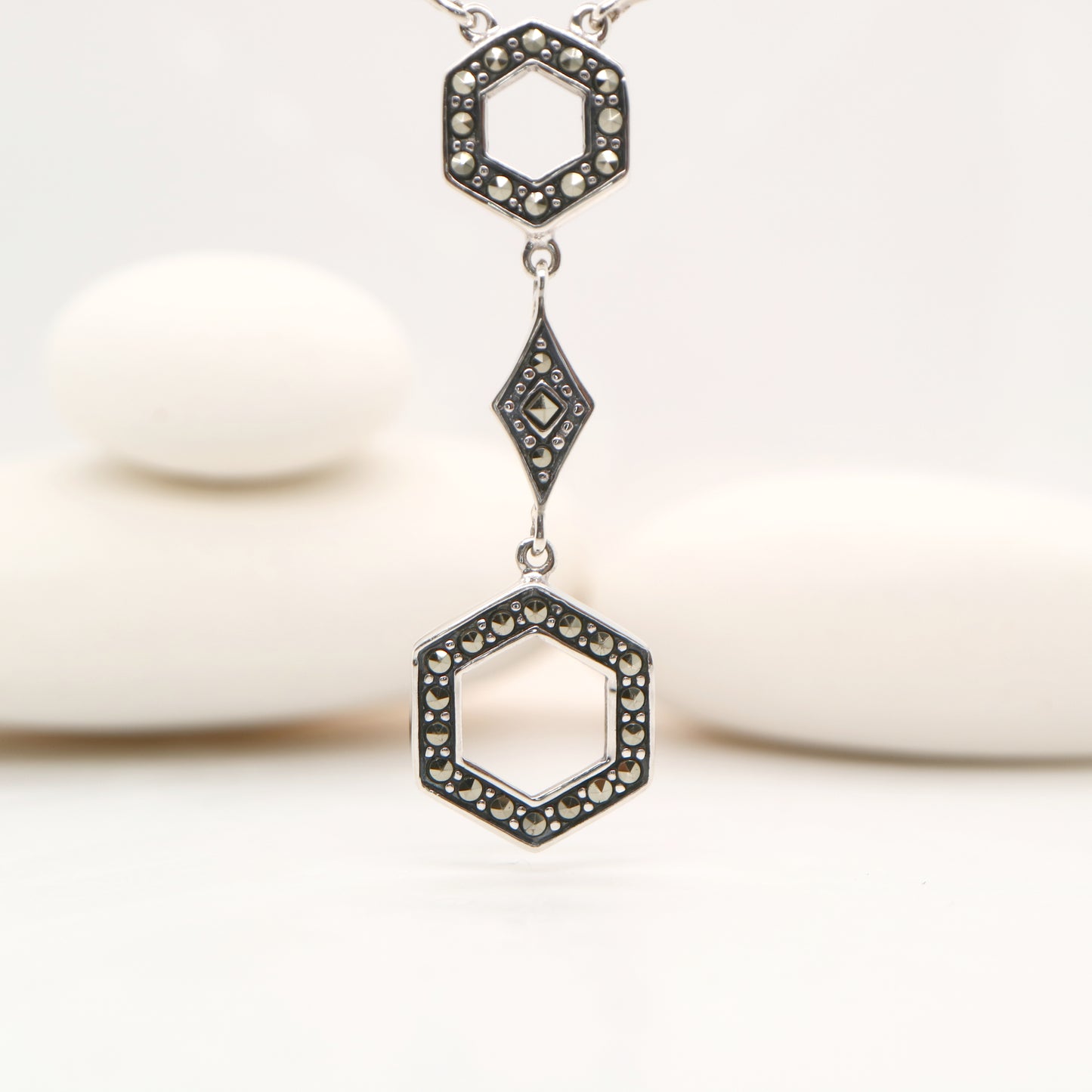 Hexagon Necklace with Marcasite in sterling silver