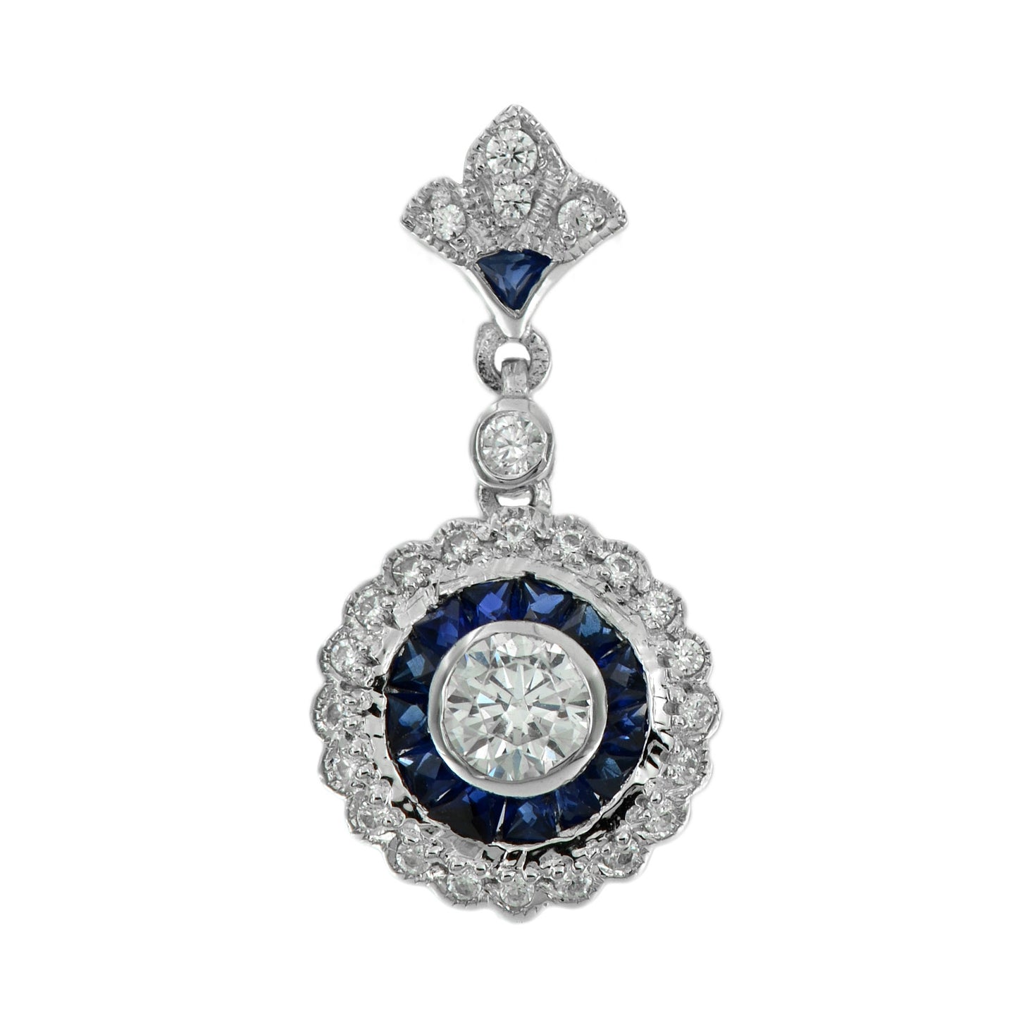 Diamond and sapphire target pendant in 9k white gold