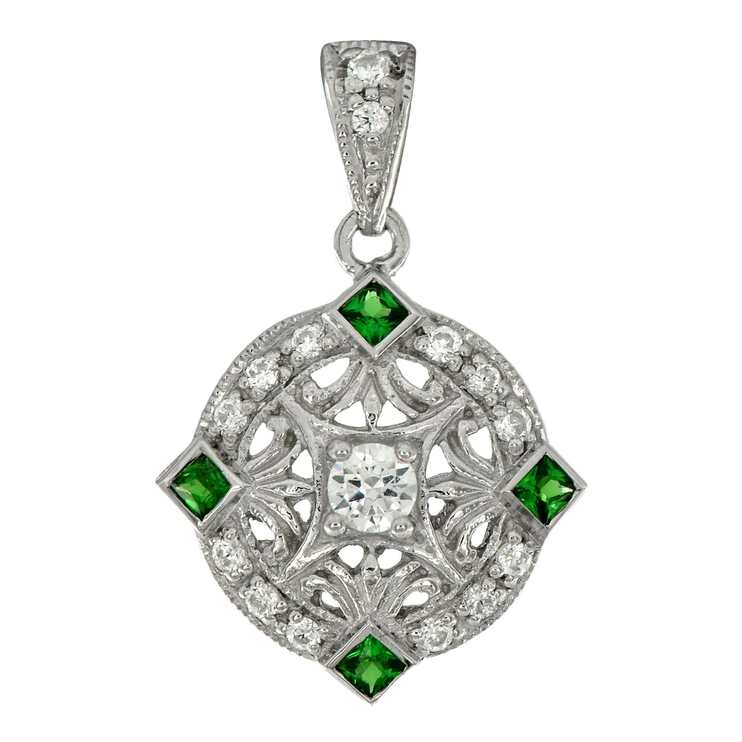 Art deco style pendant with tsavorite garnet and diamonds in 9k white gold