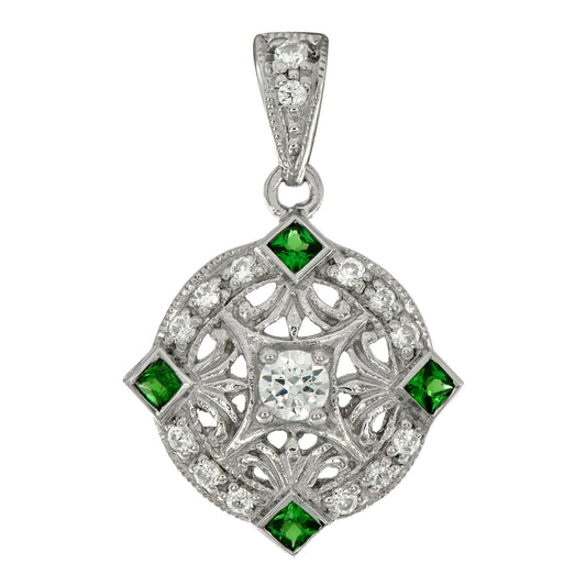 Art deco style pendant with tsavorite garnet and diamonds in 9k white gold
