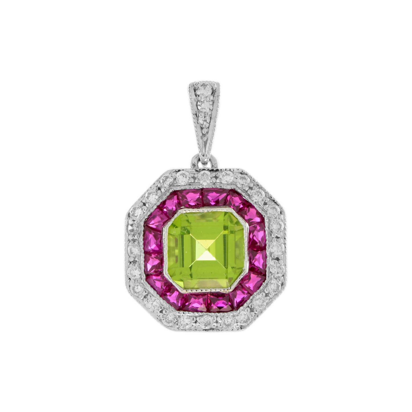 Art deco gem candy pendant with peridot, ruby and diamonds in 9k white gold