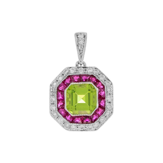 Art deco gem candy pendant with peridot, ruby and diamonds in 9k white gold