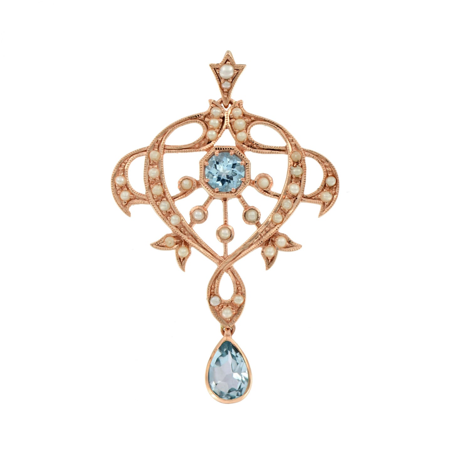 Edwardian pendant with blue topaz and pearls in 9k rose gold