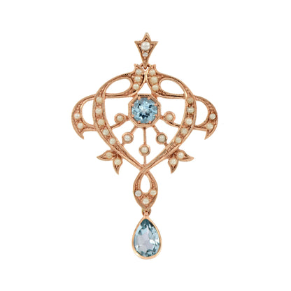 Edwardian pendant with blue topaz and pearls in 9k rose gold