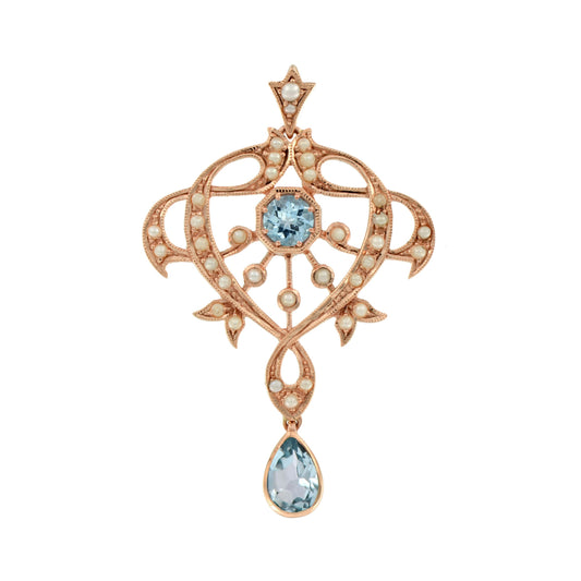 Edwardian pendant with blue topaz and pearls in 9k rose gold