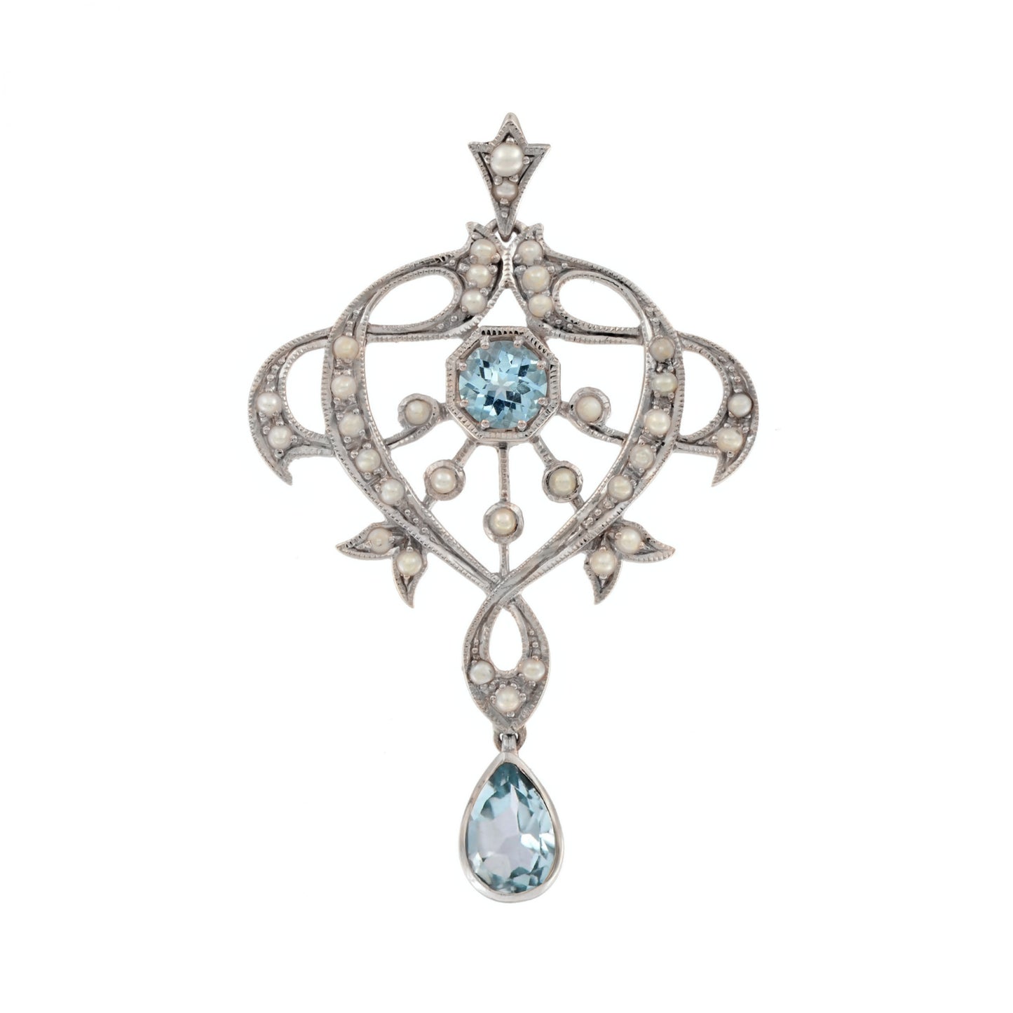Edwardian pendant with blue topaz and pearls in 9k white gold