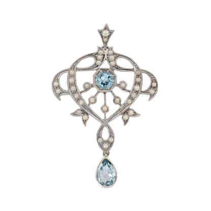 Edwardian pendant with blue topaz and pearls in 9k white gold