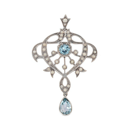 Edwardian pendant with blue topaz and pearls in 9k white gold