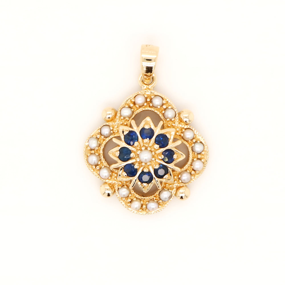 Pearl and natural sapphire pendant in 9k yellow gold