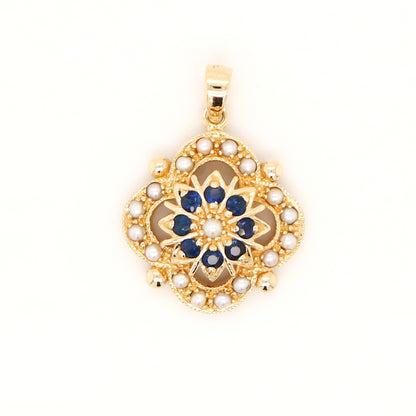 Pearl and natural sapphire pendant in 9k yellow gold