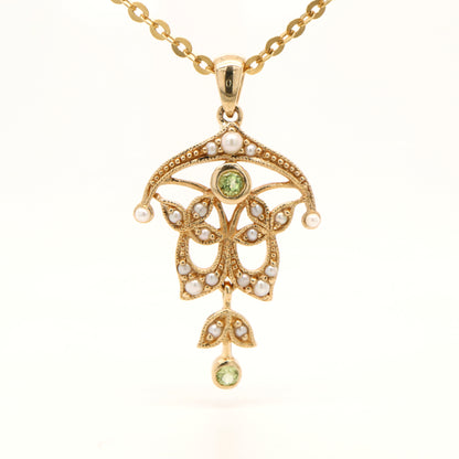 Edwardian style peridot and pearl pendant in 9k yellow gold