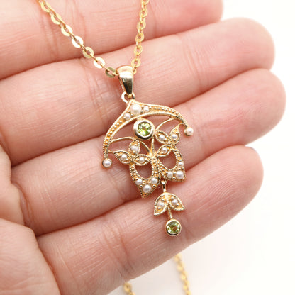 Edwardian style peridot and pearl pendant in 9k yellow gold