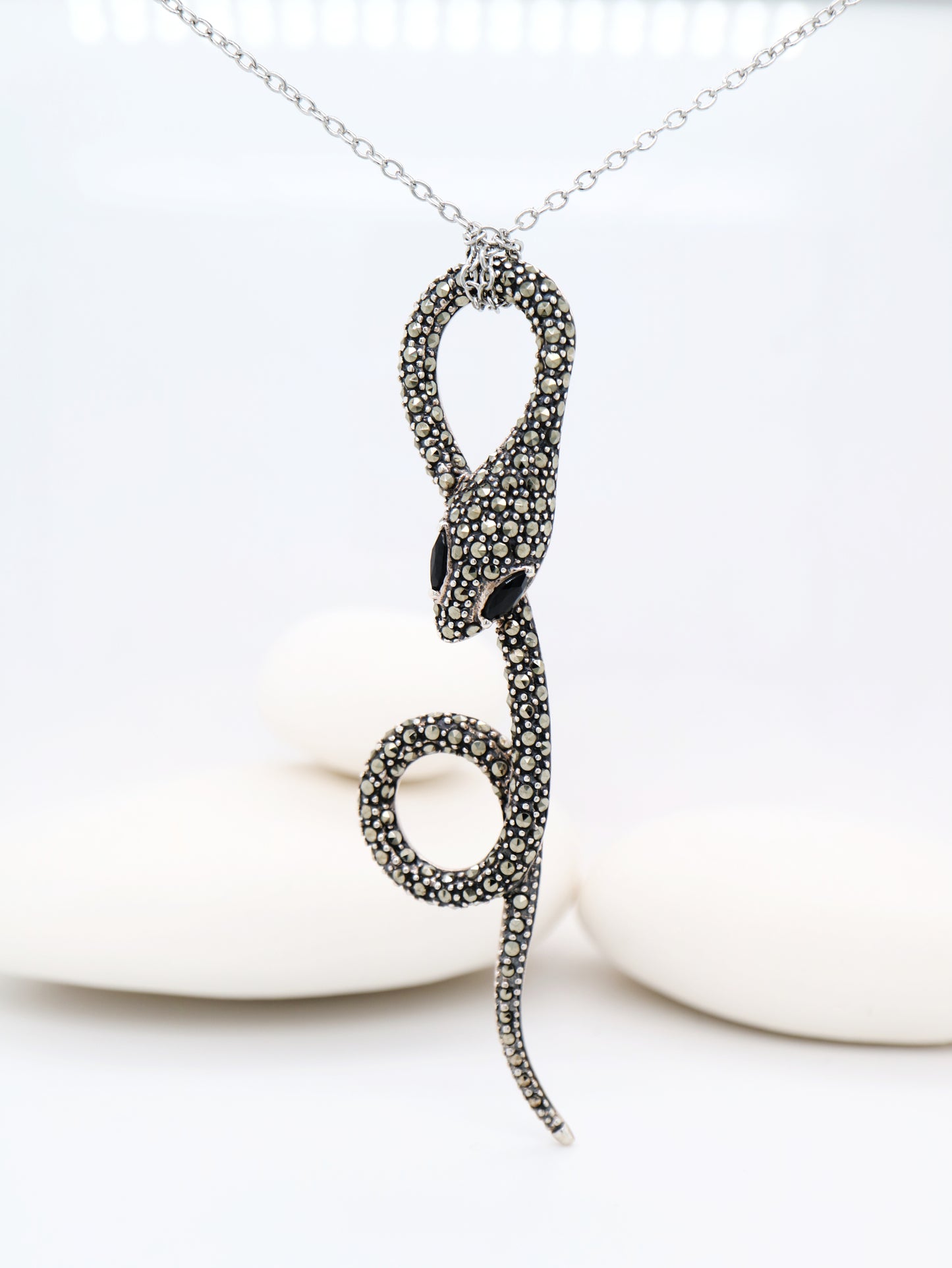 Art Deco Snake Pendant Necklace in Marcasite, Onyx and Sterling Silver