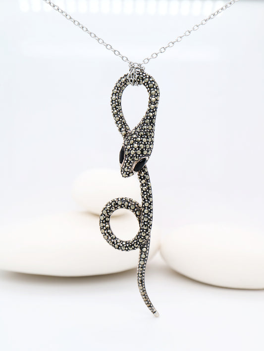 Art Deco Snake Pendant Necklace in Marcasite, Onyx and Sterling Silver