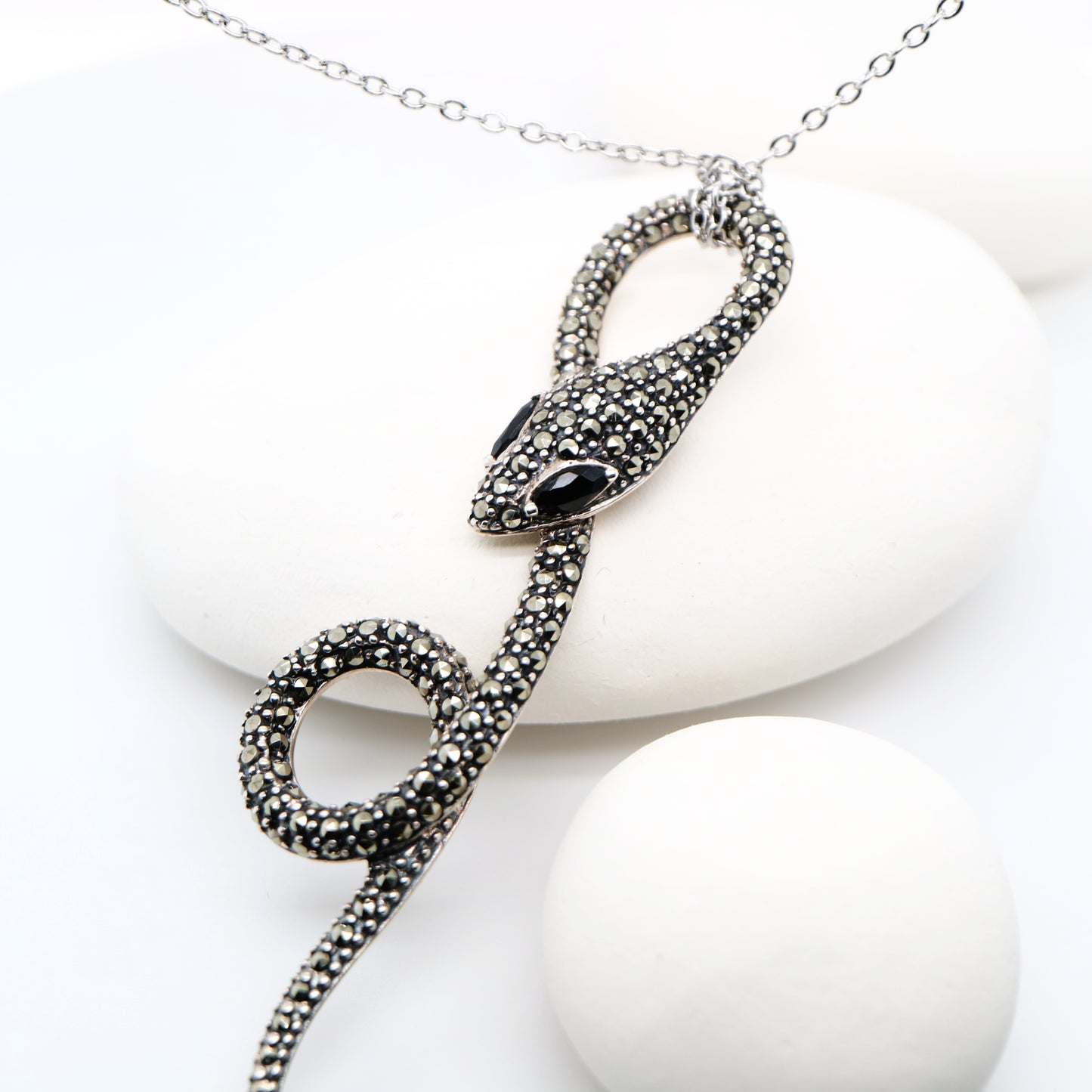 Art Deco Snake Pendant Necklace in Marcasite, Onyx and Sterling Silver