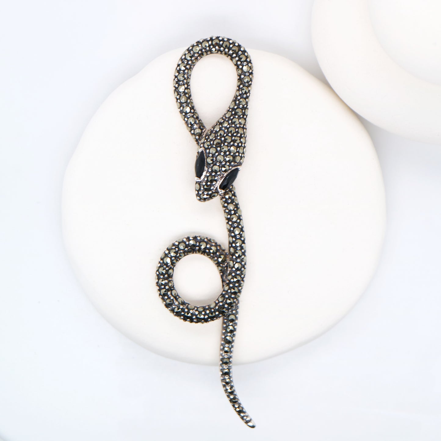 Art Deco Snake Pendant Necklace in Marcasite, Onyx and Sterling Silver