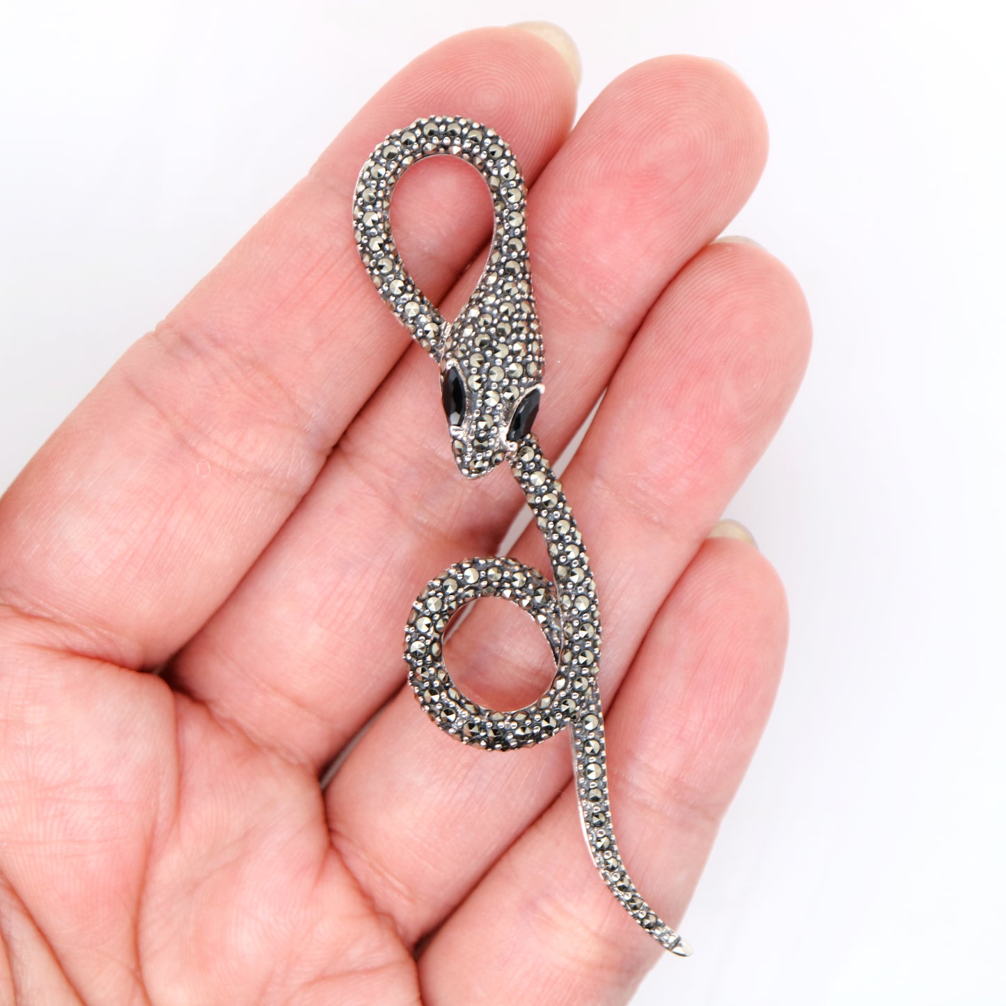 Art Deco Snake Pendant Necklace in Marcasite, Onyx and Sterling Silver