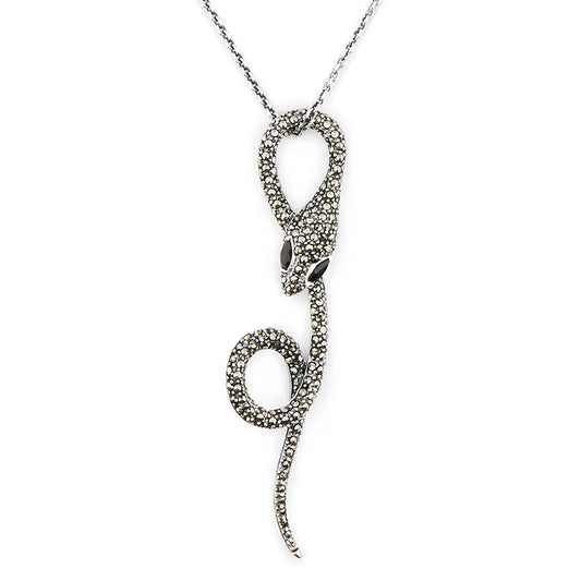 Art Deco Snake Pendant Necklace in Marcasite, Onyx and Sterling Silver
