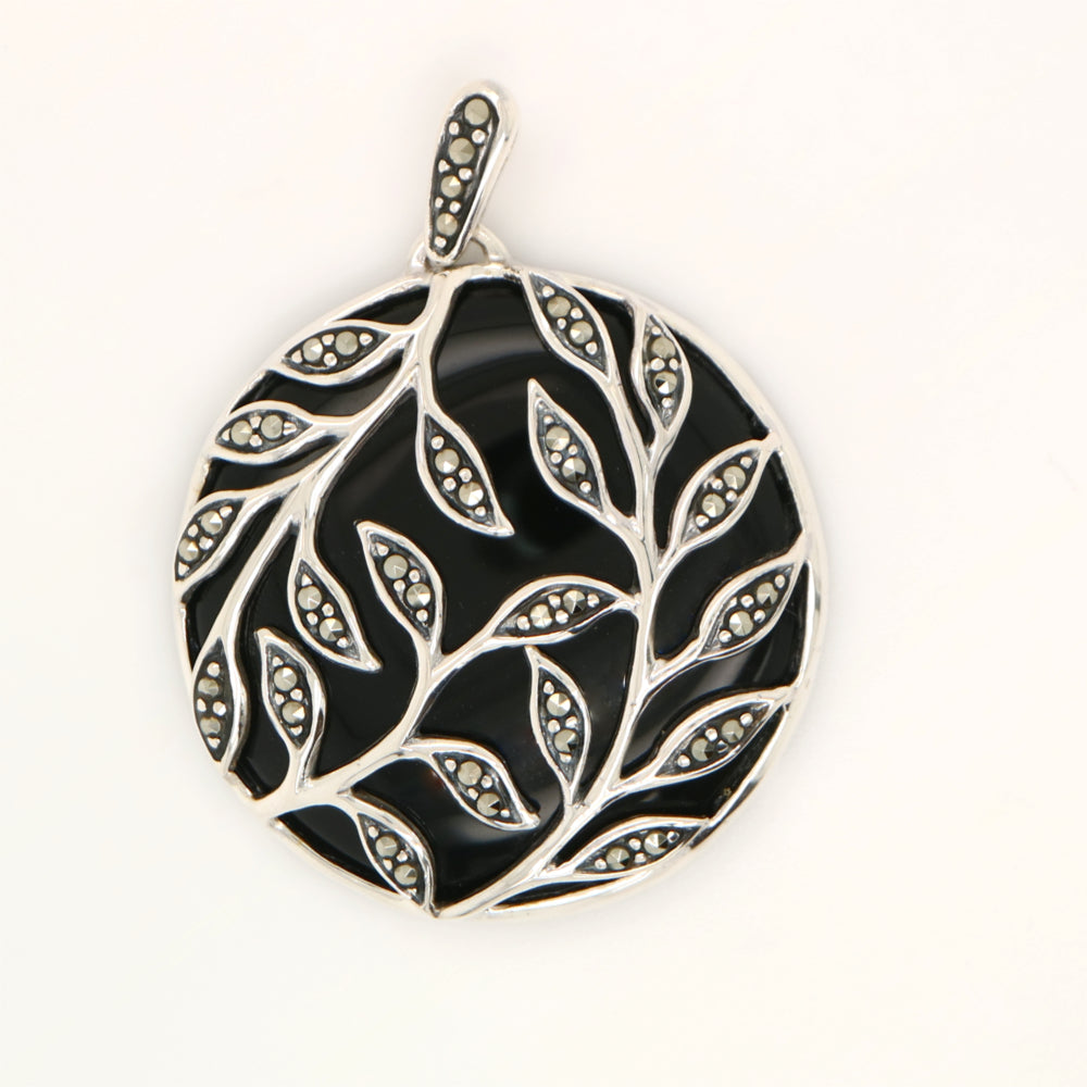 Leaf Pendant Necklace in Black Onyx, Marcasite and Sterling Silver