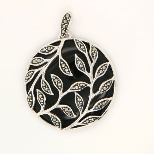 Leaf Pendant Necklace in Black Onyx, Marcasite and Sterling Silver