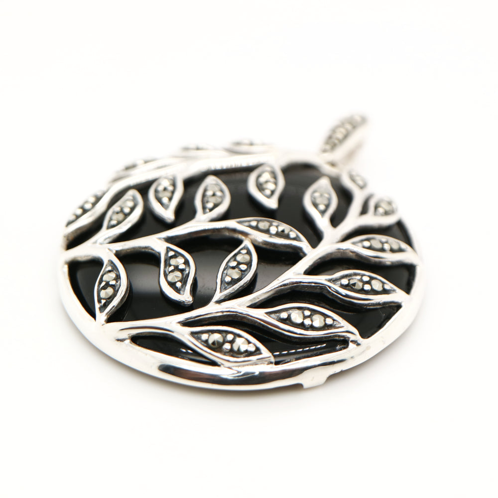 Leaf Pendant Necklace in Black Onyx, Marcasite and Sterling Silver