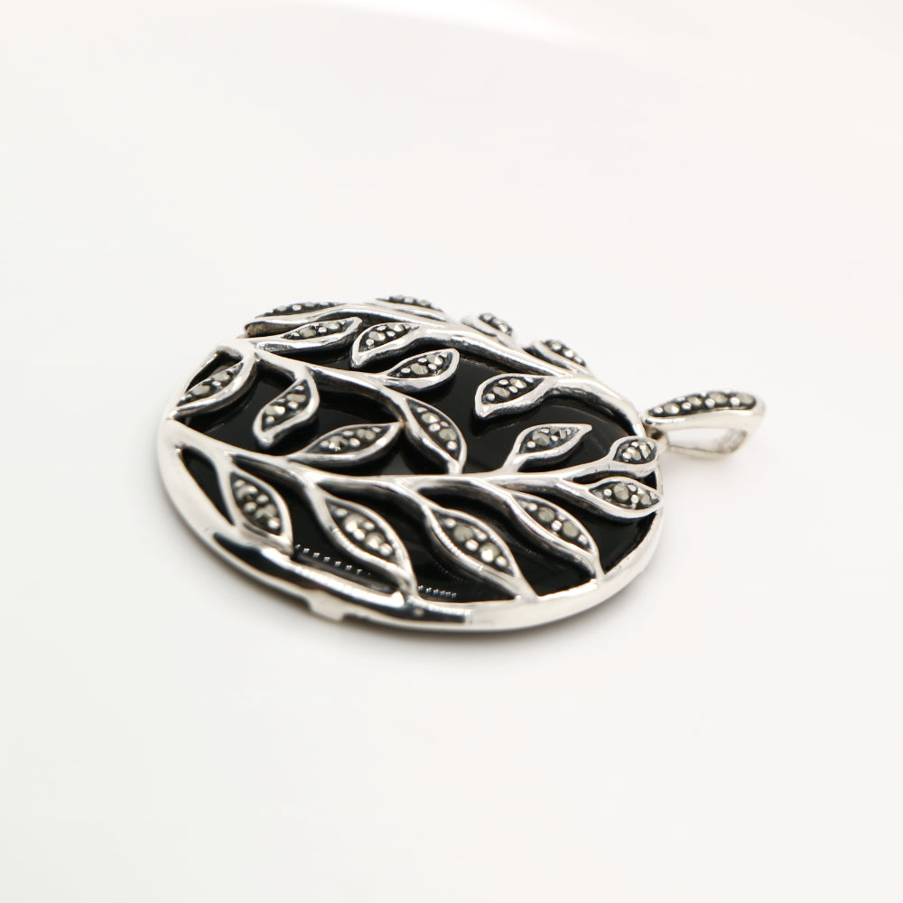 Leaf Pendant Necklace in Black Onyx, Marcasite and Sterling Silver