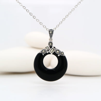 Onyx hoop pendant with marcasite in Sterling Silver