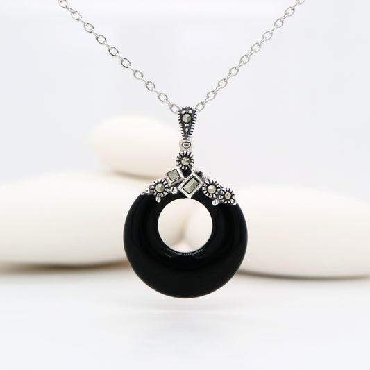 Onyx hoop pendant with marcasite in Sterling Silver