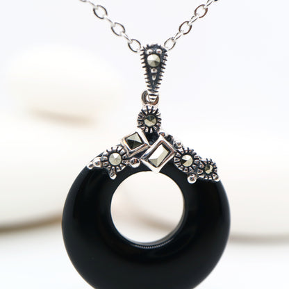 Onyx hoop pendant with marcasite in Sterling Silver