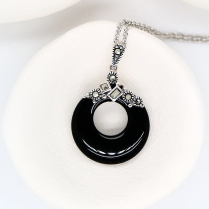 Onyx hoop pendant with marcasite in Sterling Silver