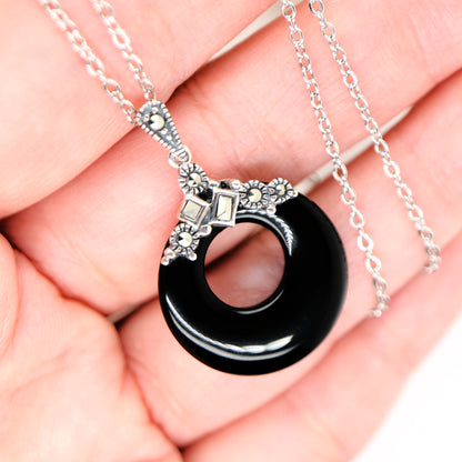 Onyx hoop pendant with marcasite in Sterling Silver