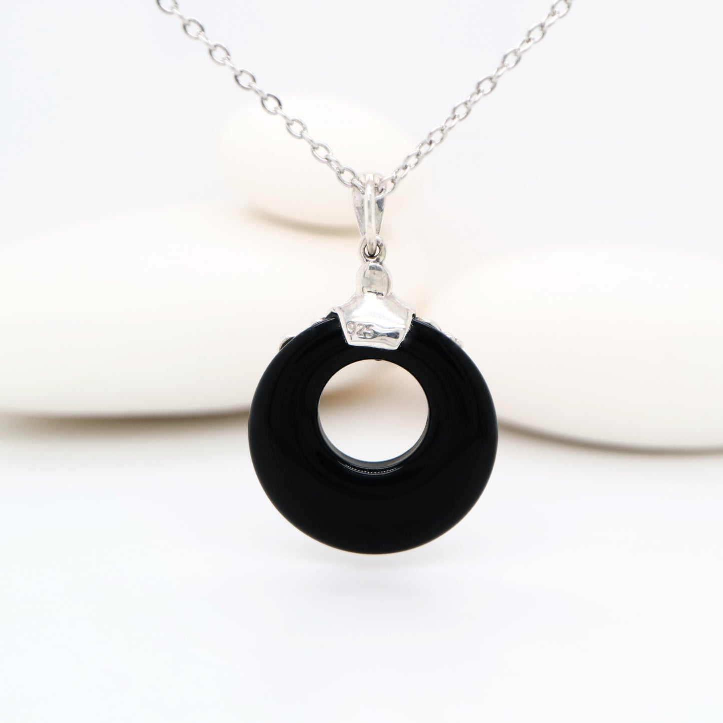 Onyx hoop pendant with marcasite in Sterling Silver