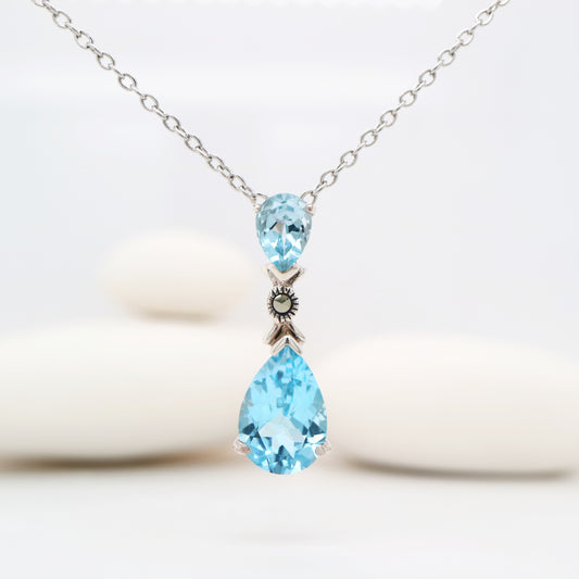 Art Deco Pendant Necklace in Blue Topaz, Marcasite and Sterling Silver